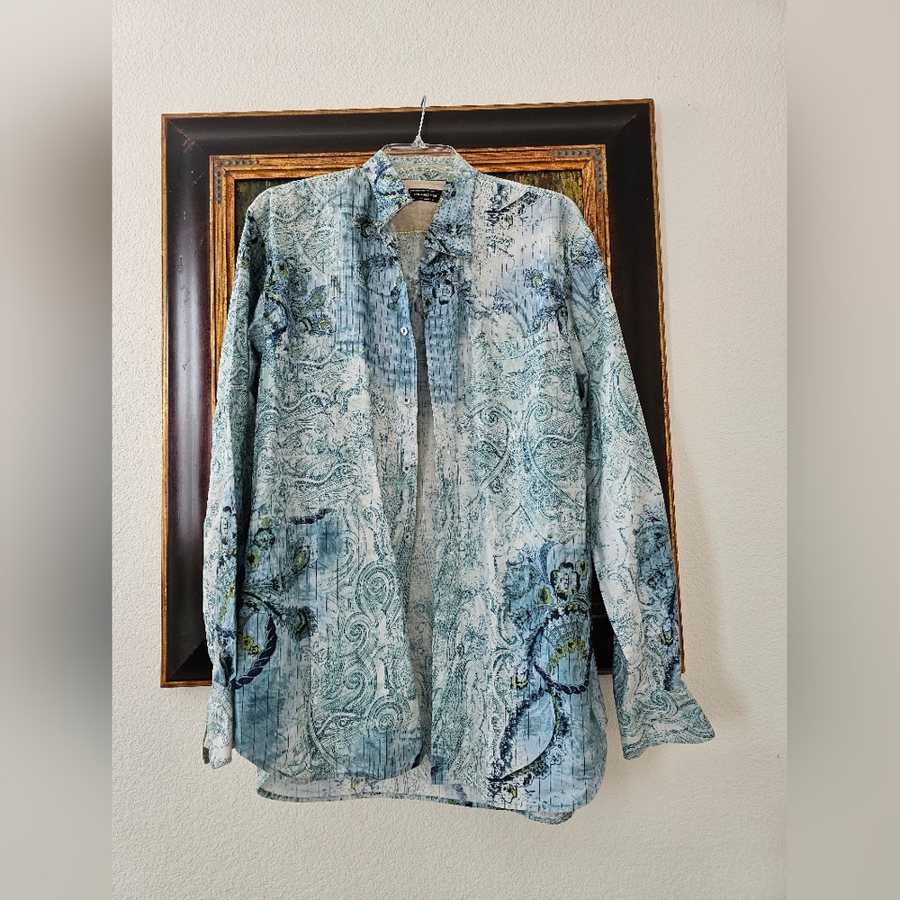 Island Soft Men's 100% Cotton Paisley Floral Shirt - L - Sage Teal